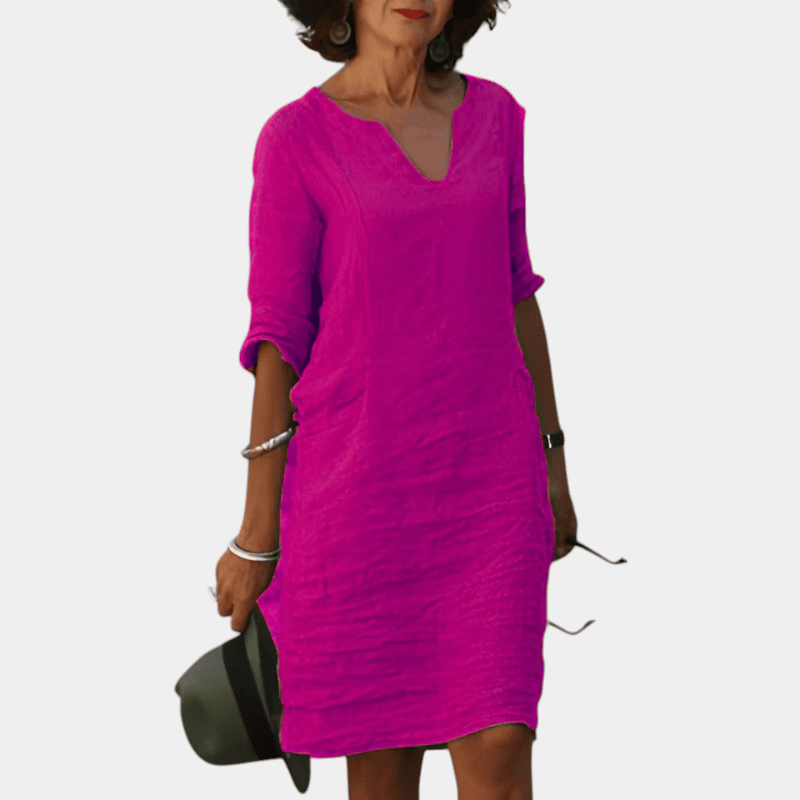 Gleame.-Gleame Jurk - Katoenen linnen mini-jurk met halve mouwen en V-hals voor een relaxte