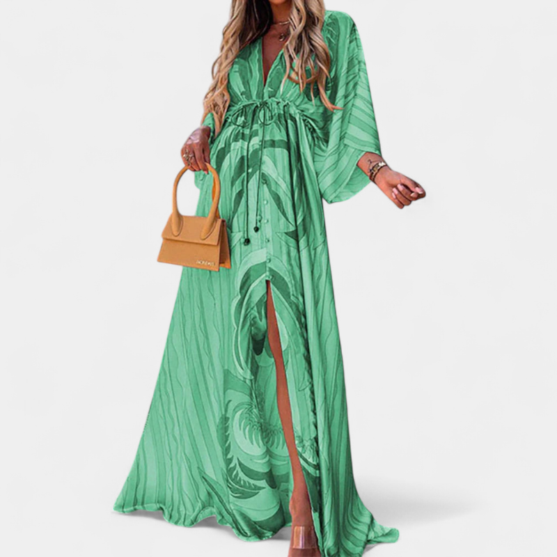 Gleame.-Gleame Jurk - Luchtige maxi-jurk met abstracte print, V-hals en split