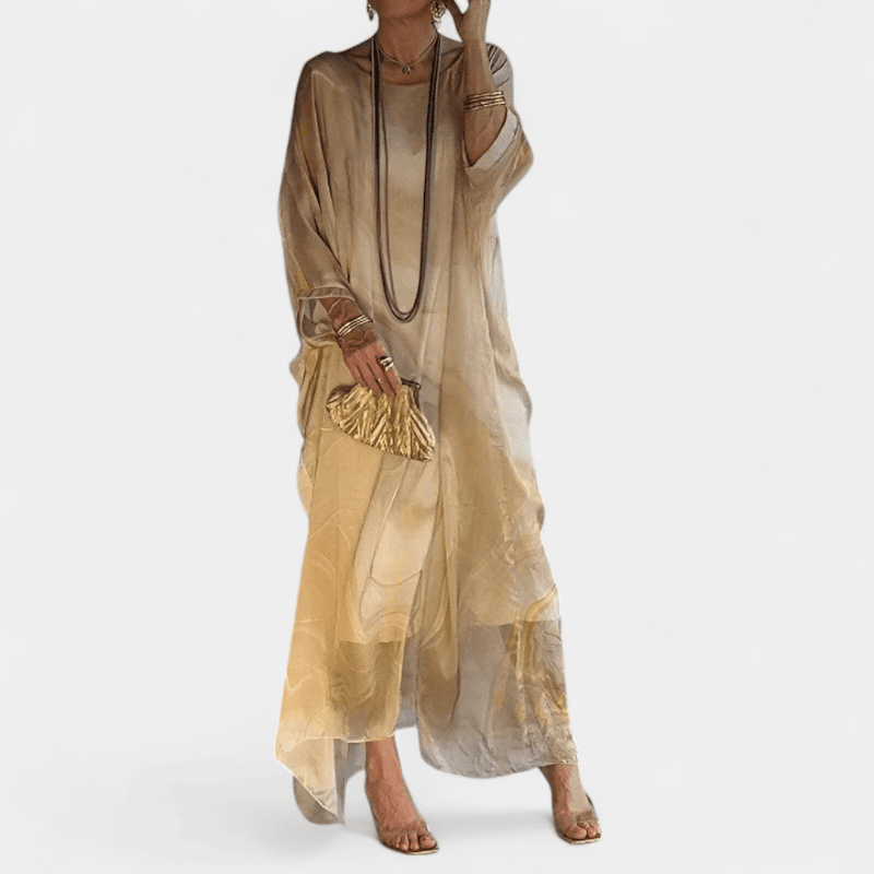 Gleame.-Gleame Jurk - Luchtige maxi-jurk van chiffon met textuurprint en lange mouwen