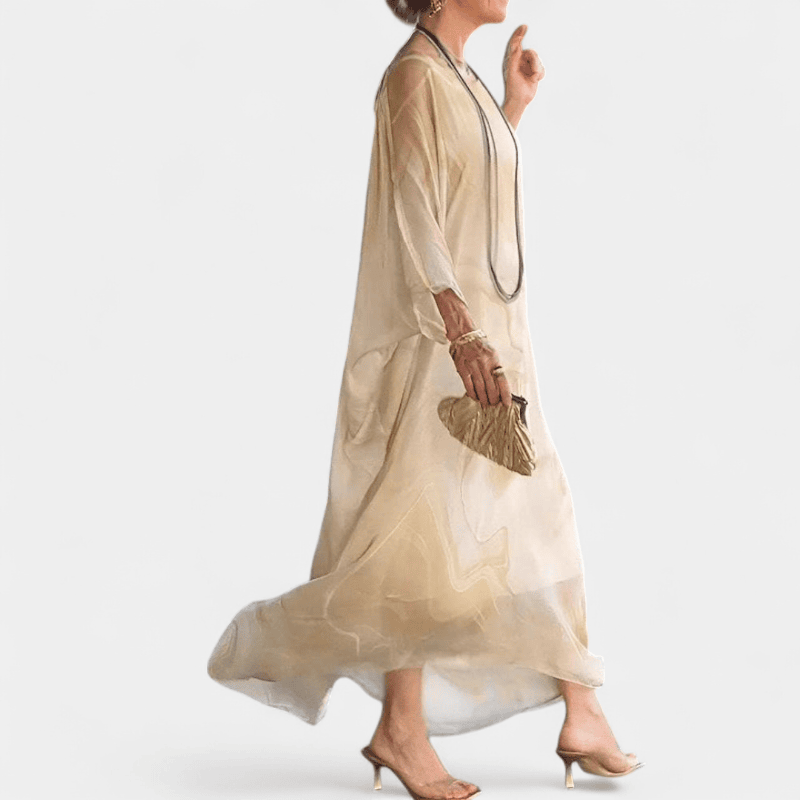 Gleame.-Gleame Jurk - Luchtige maxi-jurk van chiffon met textuurprint en lange mouwen