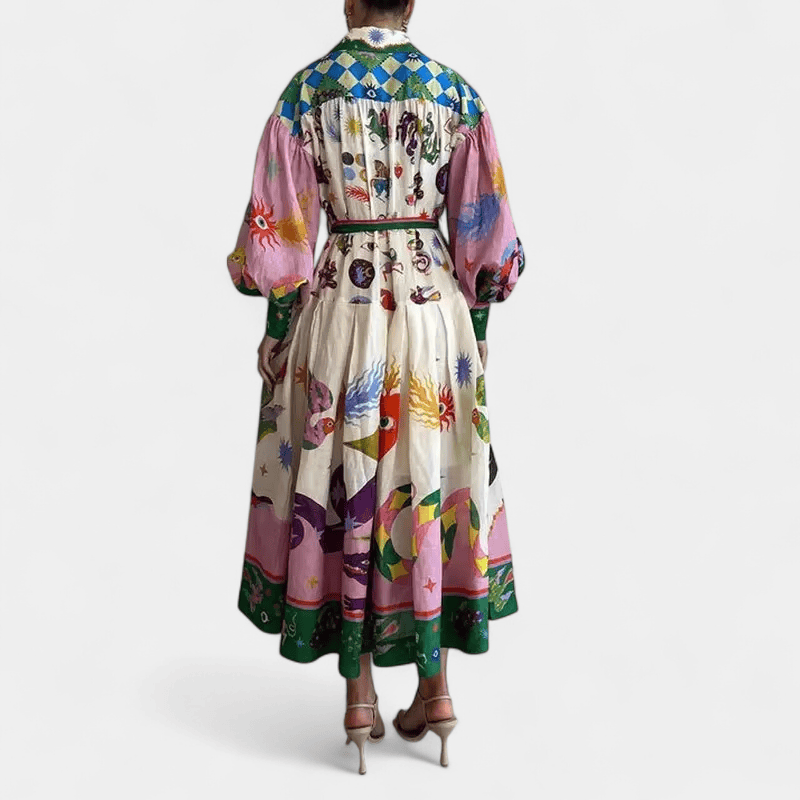 Gleame.-Gleame Jurk - Maxi-jurk met kleurrijke print, strikceintuur en ballonmouwen