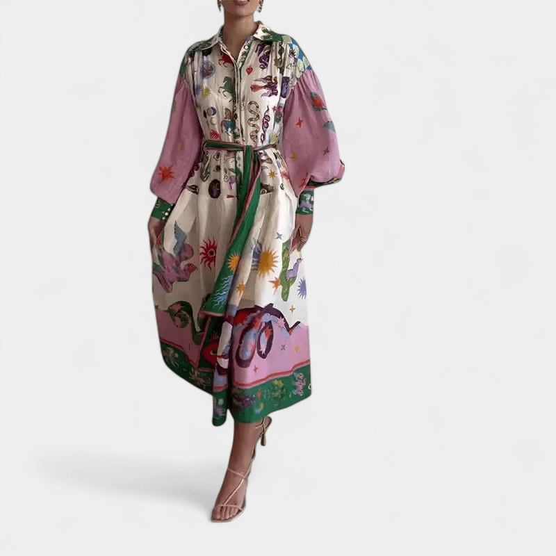 Gleame.-Gleame Jurk - Maxi-jurk met kleurrijke print, strikceintuur en ballonmouwen