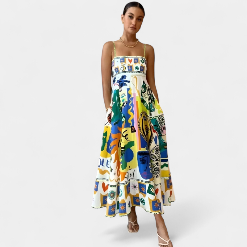 Gleame.-Gleame Jurk - Mouwloze maxi-jurk met kleurrijke print en hoge taille voor een speelse look