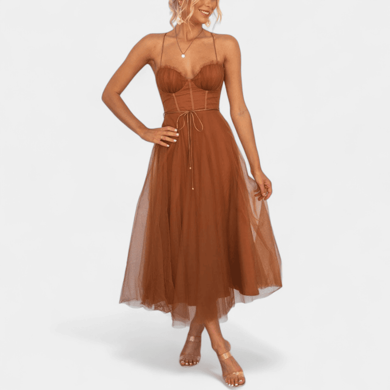 Gleame.-Gleame Jurk - Mouwloze mesh maxi-jurk met spaghetti bandjes en getailleerd lijfje