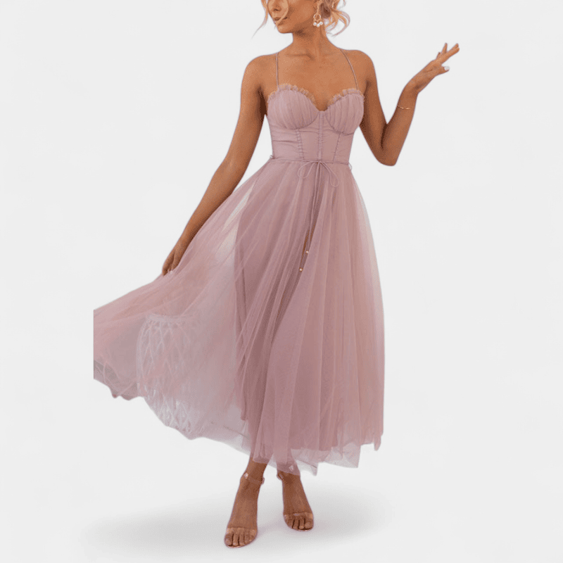 Gleame.-Gleame Jurk - Mouwloze mesh maxi-jurk met spaghetti bandjes en getailleerd lijfje