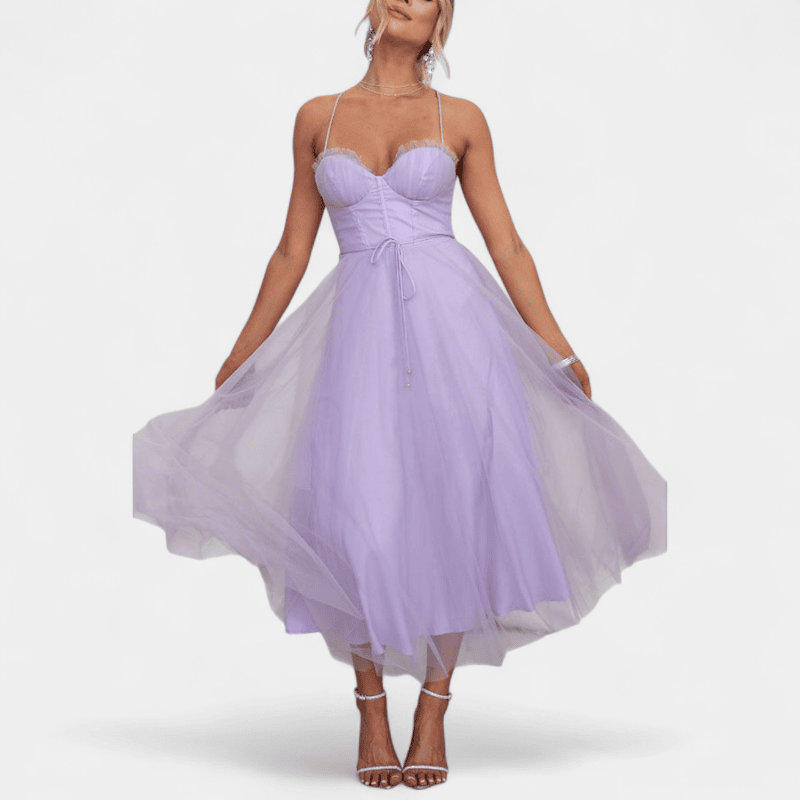 Gleame.-Gleame Jurk - Mouwloze mesh maxi-jurk met spaghetti bandjes en getailleerd lijfje