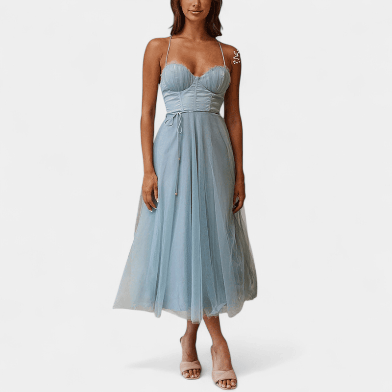 Gleame.-Gleame Jurk - Mouwloze mesh maxi-jurk met spaghetti bandjes en getailleerd lijfje