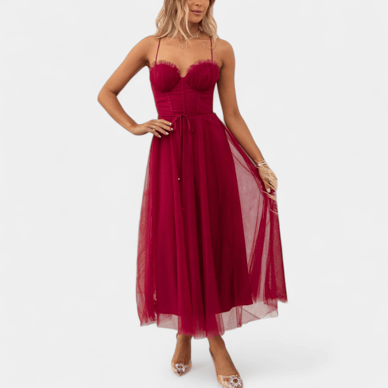 Gleame.-Gleame Jurk - Mouwloze mesh maxi-jurk met spaghetti bandjes en getailleerd lijfje