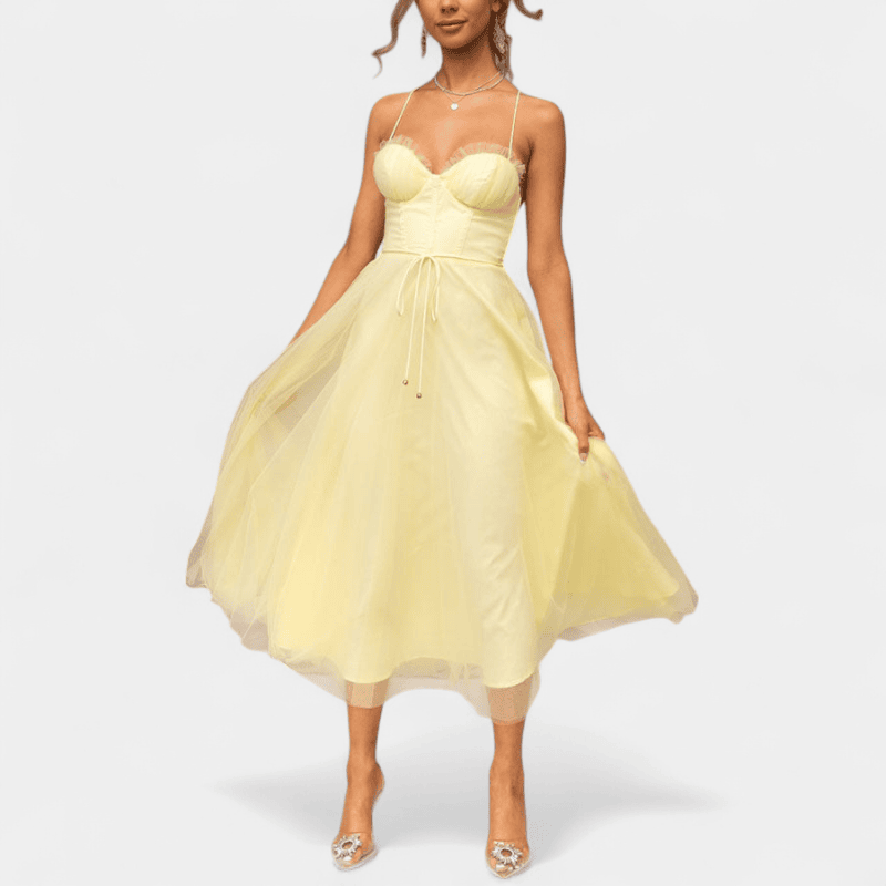 Gleame.-Gleame Jurk - Mouwloze mesh maxi-jurk met spaghetti bandjes en getailleerd lijfje