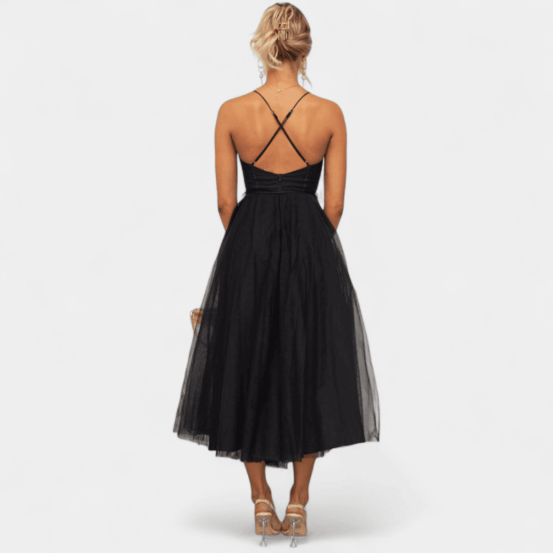 Gleame.-Gleame Jurk - Mouwloze mesh maxi-jurk met spaghetti bandjes en getailleerd lijfje