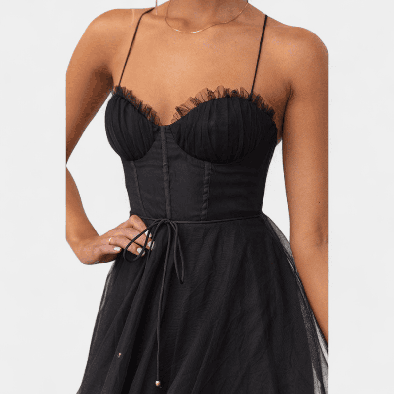 Gleame.-Gleame Jurk - Mouwloze mesh maxi-jurk met spaghetti bandjes en getailleerd lijfje