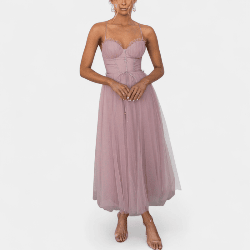 Gleame.-Gleame Jurk - Mouwloze mesh maxi-jurk met spaghetti bandjes en getailleerd lijfje