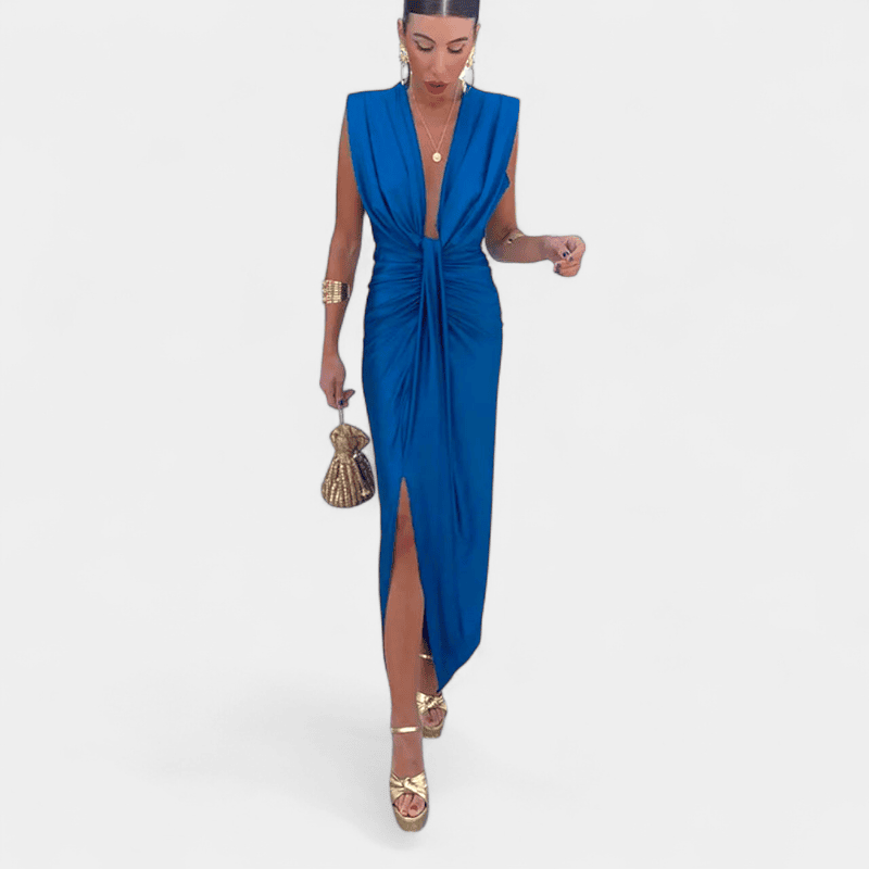 Gleame.-Gleame Jurk - Mouwloze satijnen bodycon-jurk met diepe V-hals en geplooid detail