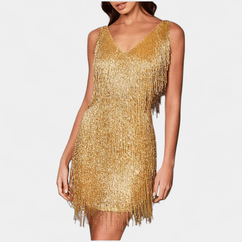 Gleame.-Gleame Jurk - Mouwloze satijnen jurk met diepe V-hals en geplooid detail