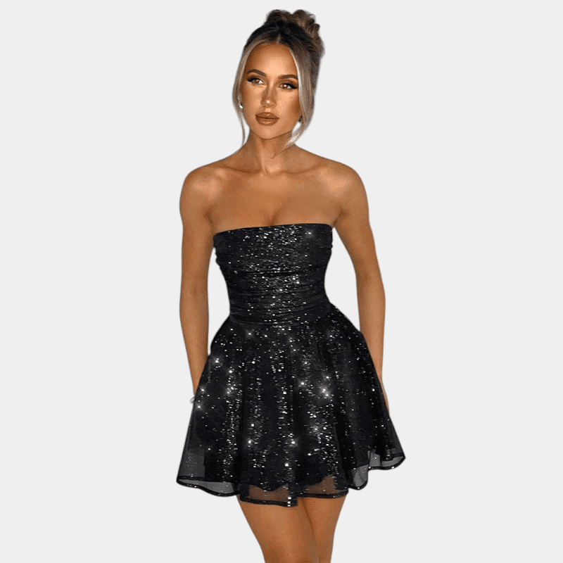 Gleame.-Gleame Jurk - Strapless mini-jurk van mesh met rugdecolleté en zwierige pasvorm