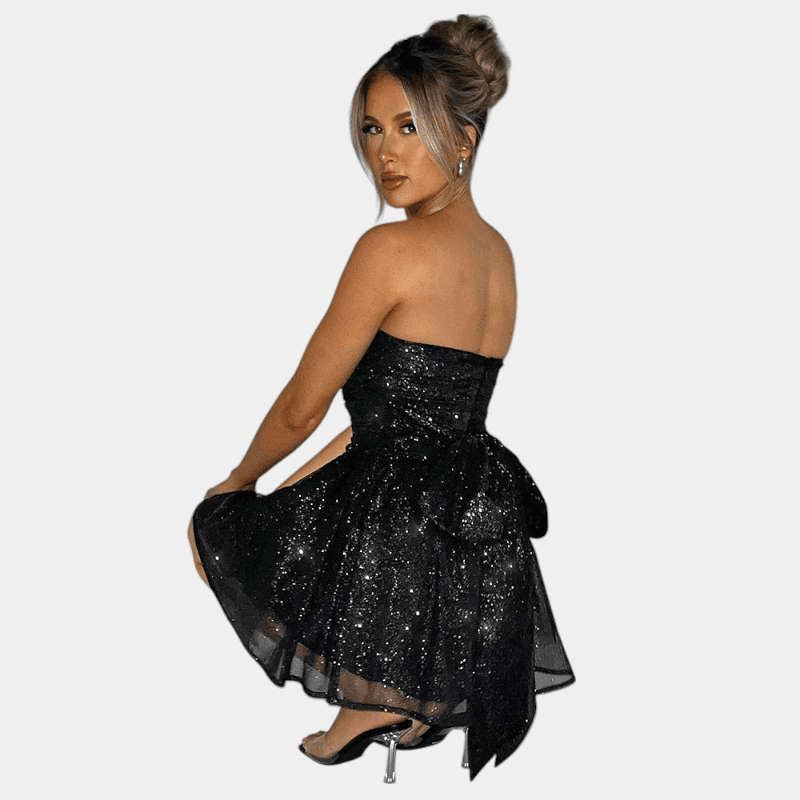 Gleame.-Gleame Jurk - Strapless mini-jurk van mesh met rugdecolleté en zwierige pasvorm