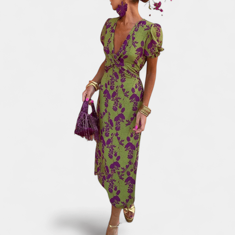 Gleame.-Gleame Jurk - korte mouwen v-hals jurk met geplooide print en knielengte