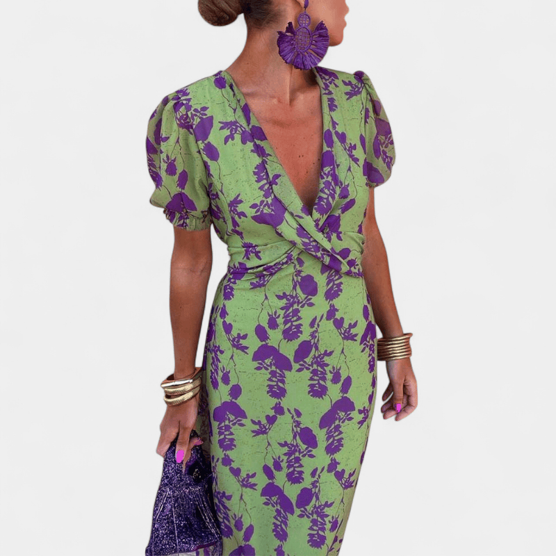 Gleame.-Gleame Jurk - korte mouwen v-hals jurk met geplooide print en knielengte