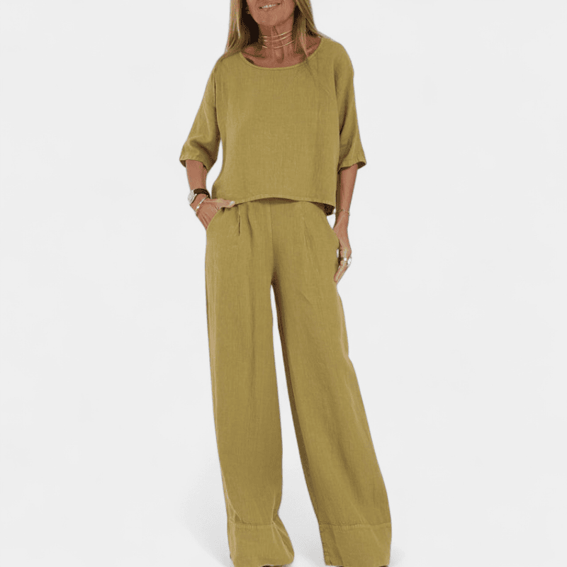 Gleame.-Gleame Set - Katoen-linnen set met korte mouwen en wijde broek