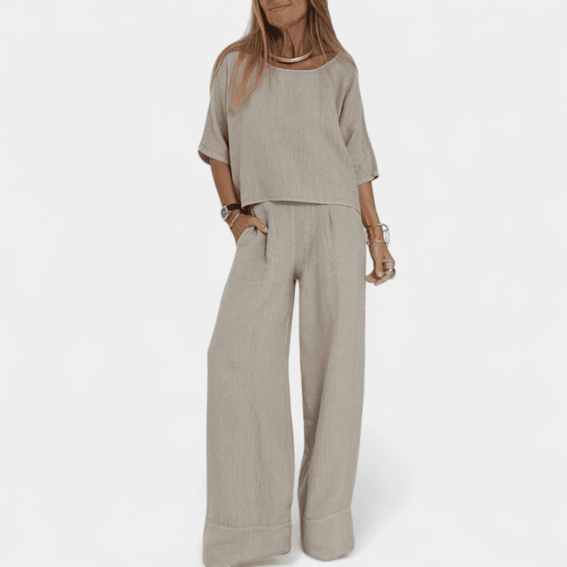 Gleame.-Gleame Set - Katoen-linnen set met korte mouwen en wijde broek