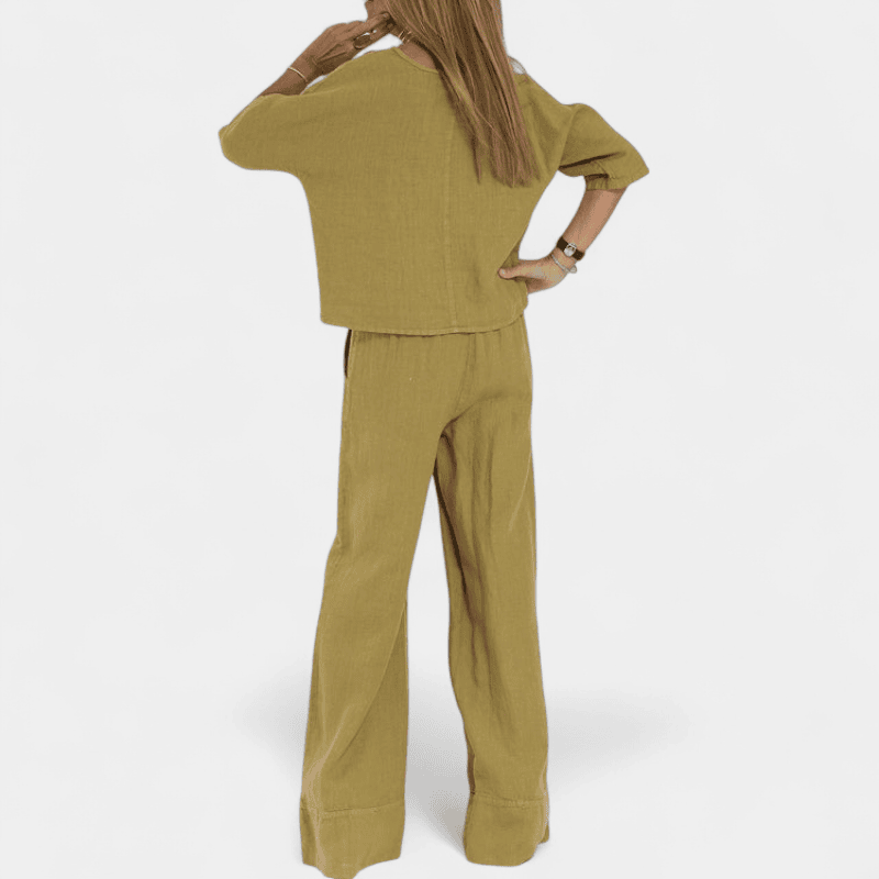 Gleame.-Gleame Set - Katoen-linnen set met korte mouwen en wijde broek