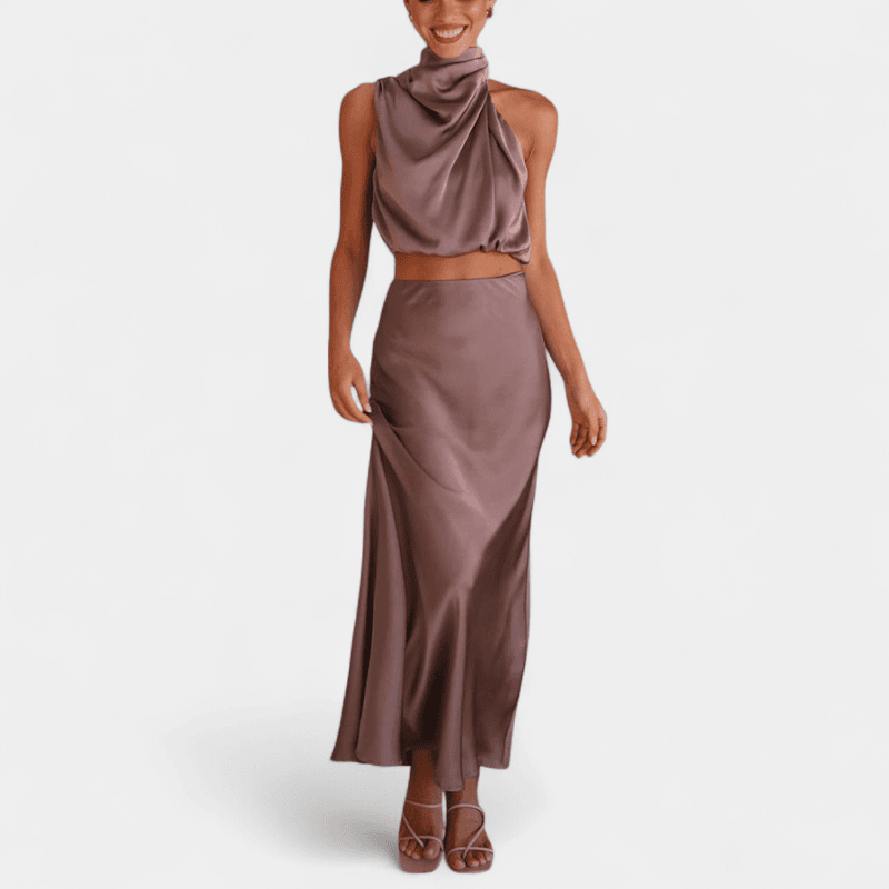 Gleame.-Gleame Set - Satijnen 2-delige set met crop top en lange A-lijn rok voor een elegante look
