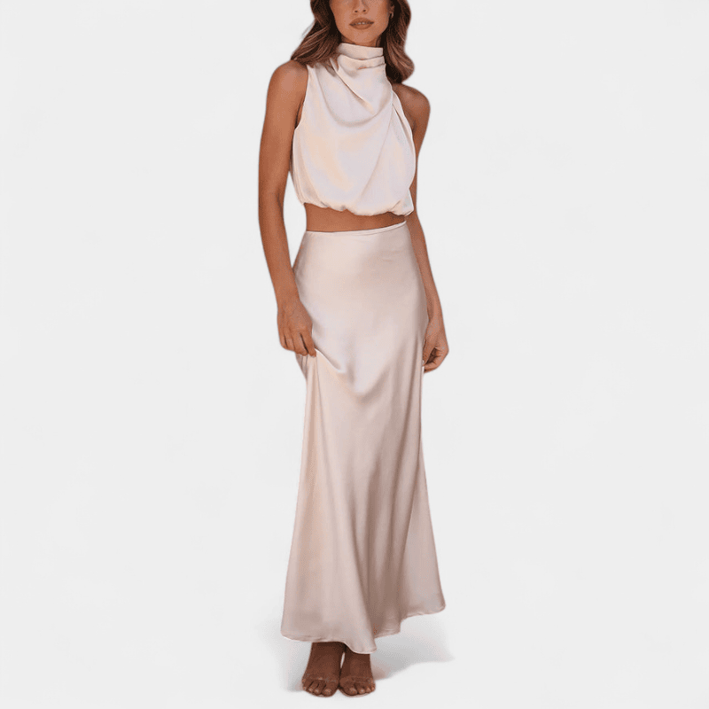 Gleame.-Gleame Set - Satijnen 2-delige set met crop top en lange A-lijn rok voor een elegante look