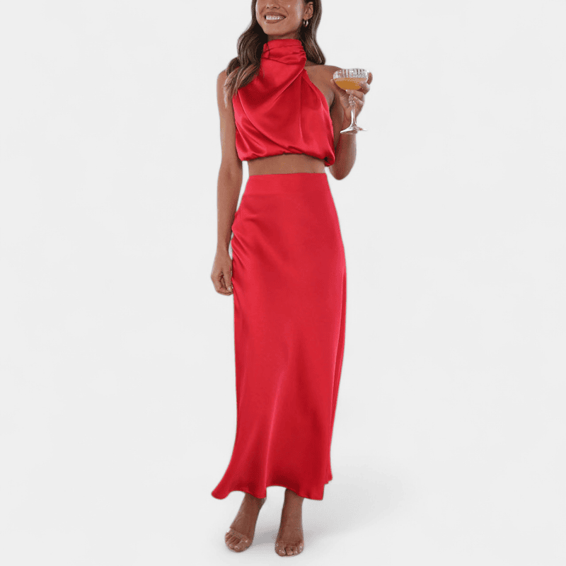 Gleame.-Gleame Set - Satijnen 2-delige set met crop top en lange A-lijn rok voor een elegante look