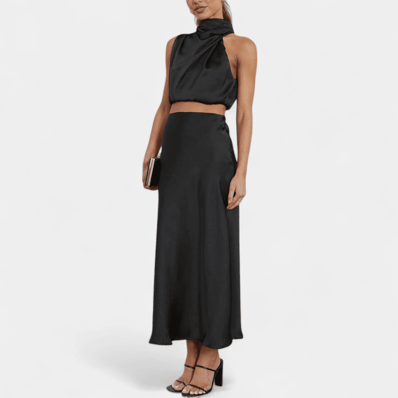 Gleame.-Gleame Set - Satijnen 2-delige set met crop top en lange A-lijn rok voor een elegante look