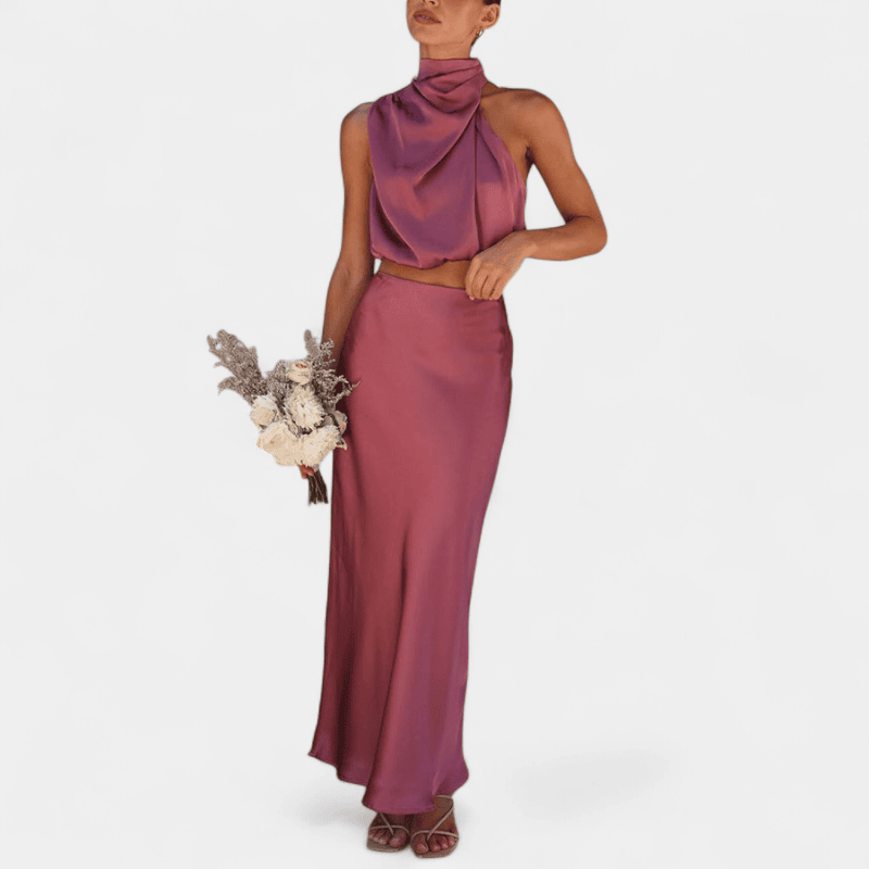 Gleame.-Gleame Set - Satijnen 2-delige set met crop top en lange A-lijn rok voor een elegante look