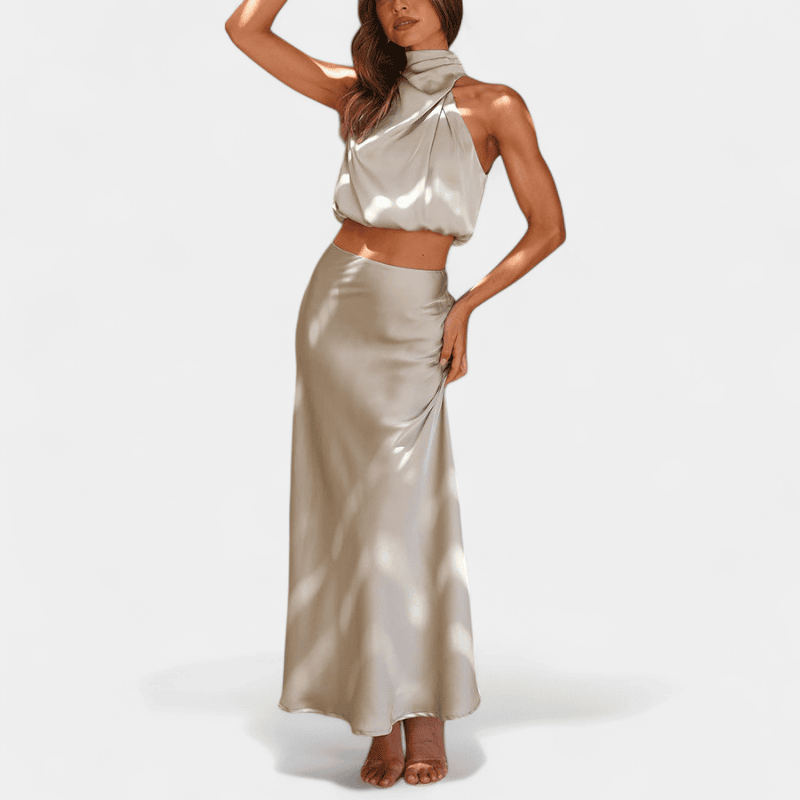 Gleame.-Gleame Set - Satijnen 2-delige set met crop top en lange A-lijn rok voor een elegante look