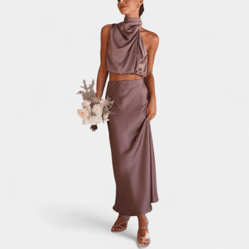 Gleame.-Gleame Set - Satijnen 2-delige set met crop top en lange A-lijn rok voor een elegante look
