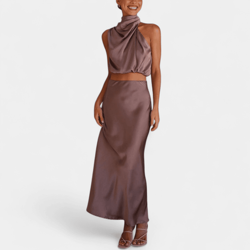 Gleame.-Gleame Set - Satijnen 2-delige set met crop top en lange A-lijn rok voor een elegante look