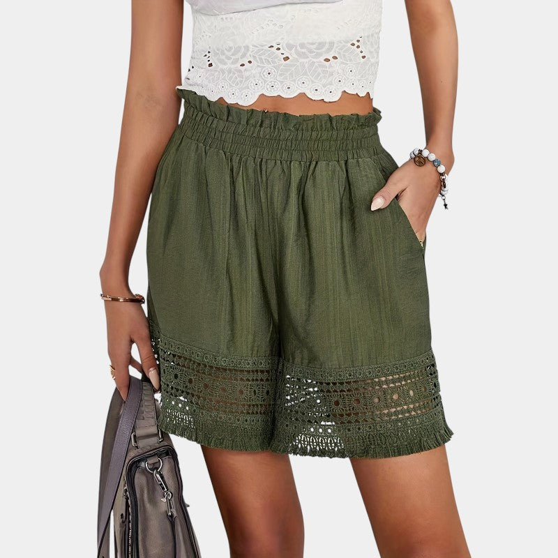 Gleame.-Gleame Short - Dames paperbag korte broek met kant en schuine zakken