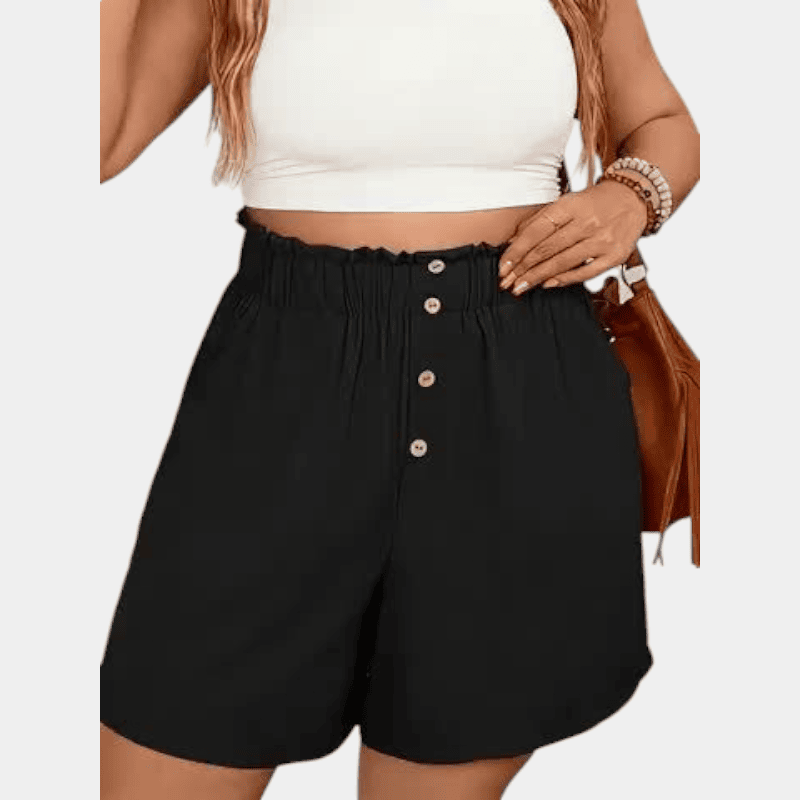 Gleame.-Gleame Short - Dames plus size wijde korte broek met knopen en elastische taille