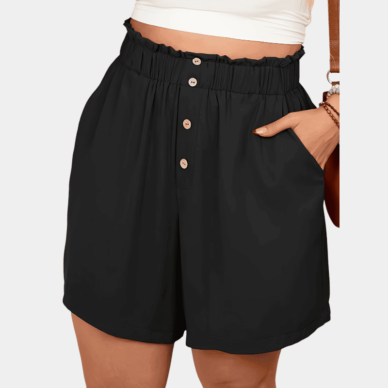 Gleame.-Gleame Short - Dames plus size wijde korte broek met knopen en elastische taille