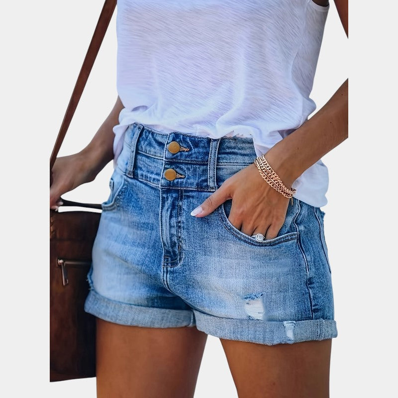 Gleame.-Gleame Shorts - Ripped holes washed denim shorts met dubbele knoop en omgeslagen zoom
