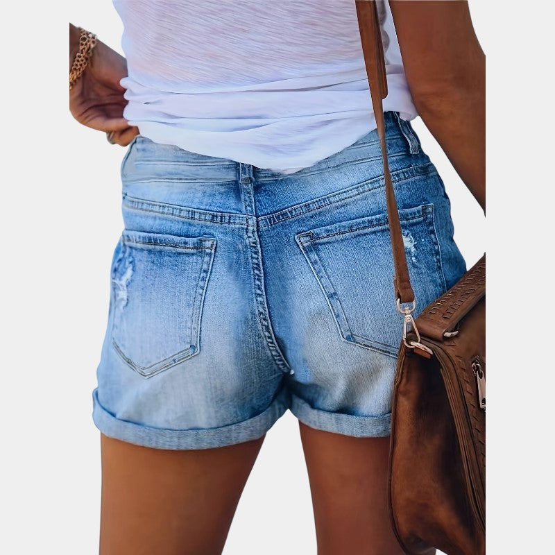 Gleame.-Gleame Shorts - Ripped holes washed denim shorts met dubbele knoop en omgeslagen zoom