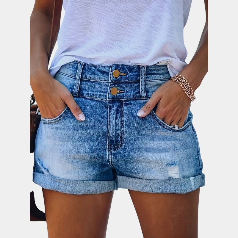 Gleame.-Gleame Shorts - Ripped holes washed denim shorts met dubbele knoop en omgeslagen zoom
