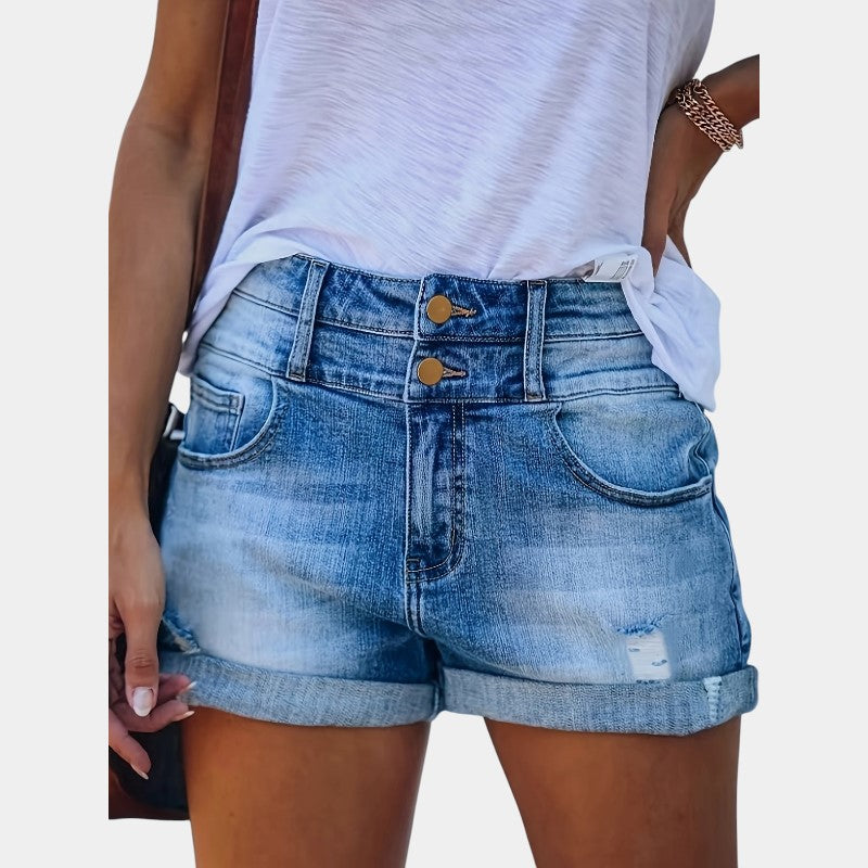 Gleame.-Gleame Shorts - Ripped holes washed denim shorts met dubbele knoop en omgeslagen zoom