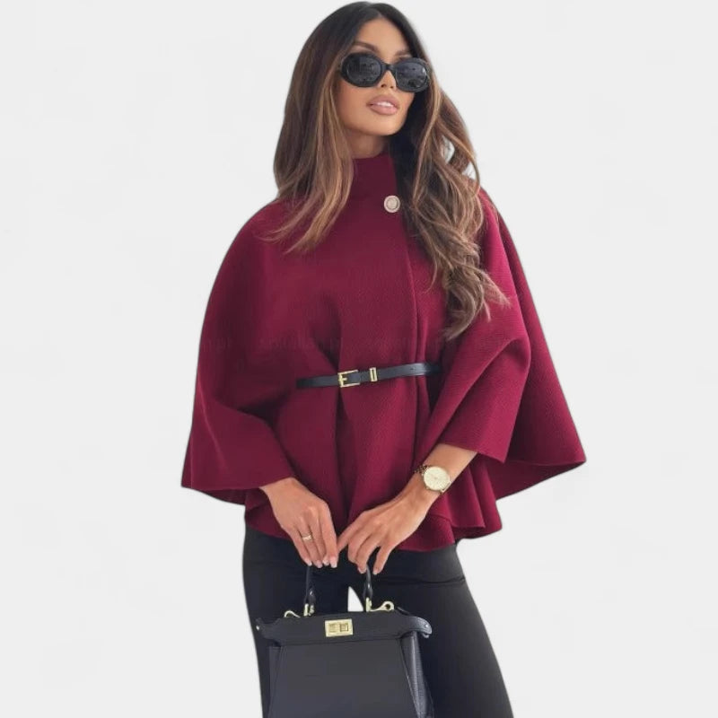 Gleame.-Jassen-Gleame Cape Coat - Stijlvolle damesjas met hoge kraag en riem in een elegante stijl