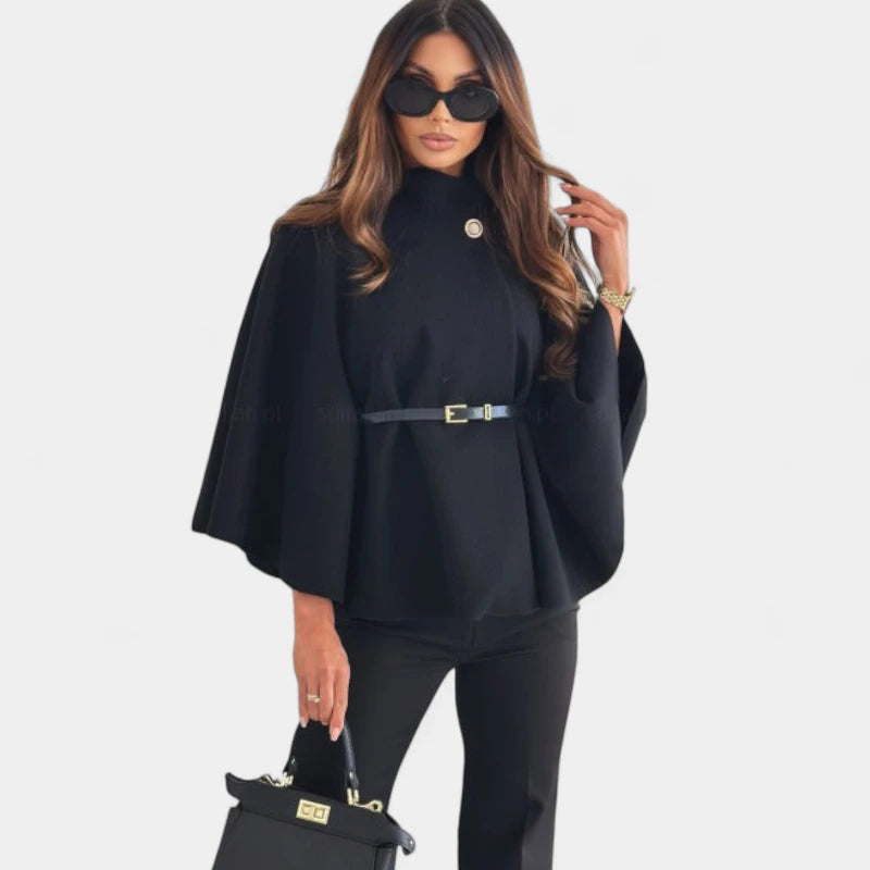 Gleame.-Jassen-Gleame Cape Coat - Stijlvolle damesjas met hoge kraag en riem in een elegante stijl