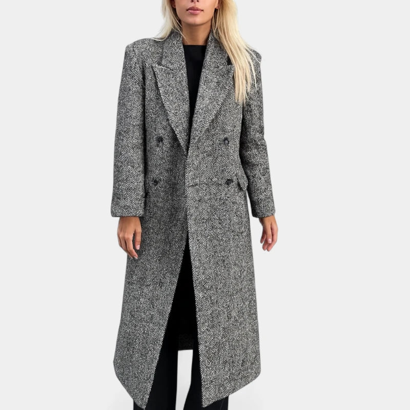 Gleame.-Jassen-Gleame Damesjas - Lange mantel met visgraatmotief en knoopsluiting