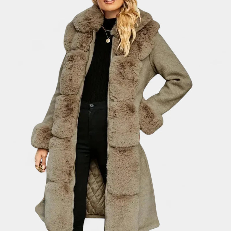 Gleame.-Jassen-Gleame Damesjas - Wolmix lange jas met imitatiebont en relaxed fit