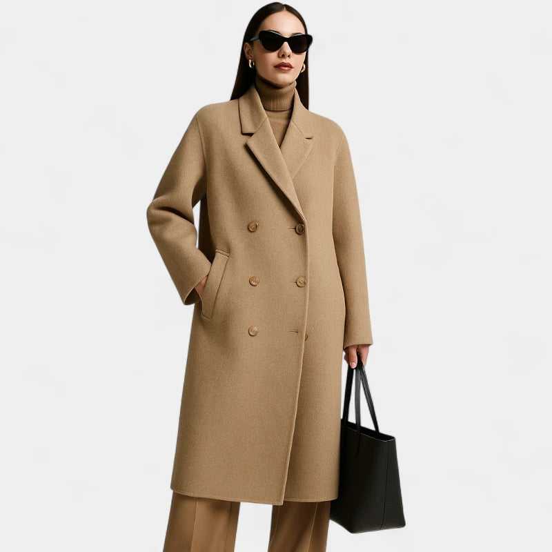 Gleame.-Jassen-Gleame Damesjas - Wolmix lange mantel met dubbele rij knopen