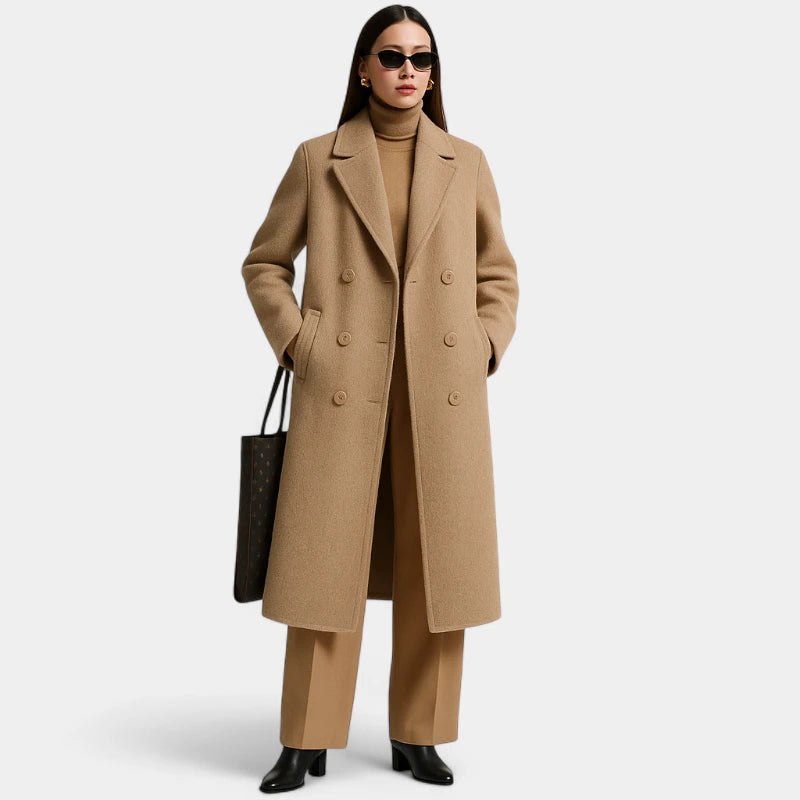 Gleame.-Jassen-Gleame Damesjas - Wolmix lange mantel met dubbele rij knopen