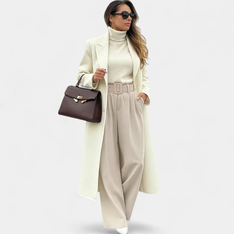 Gleame.-Jassen-Gleame Damesjas - Wolmix lange overjas met reverskraag en rechte pasvorm