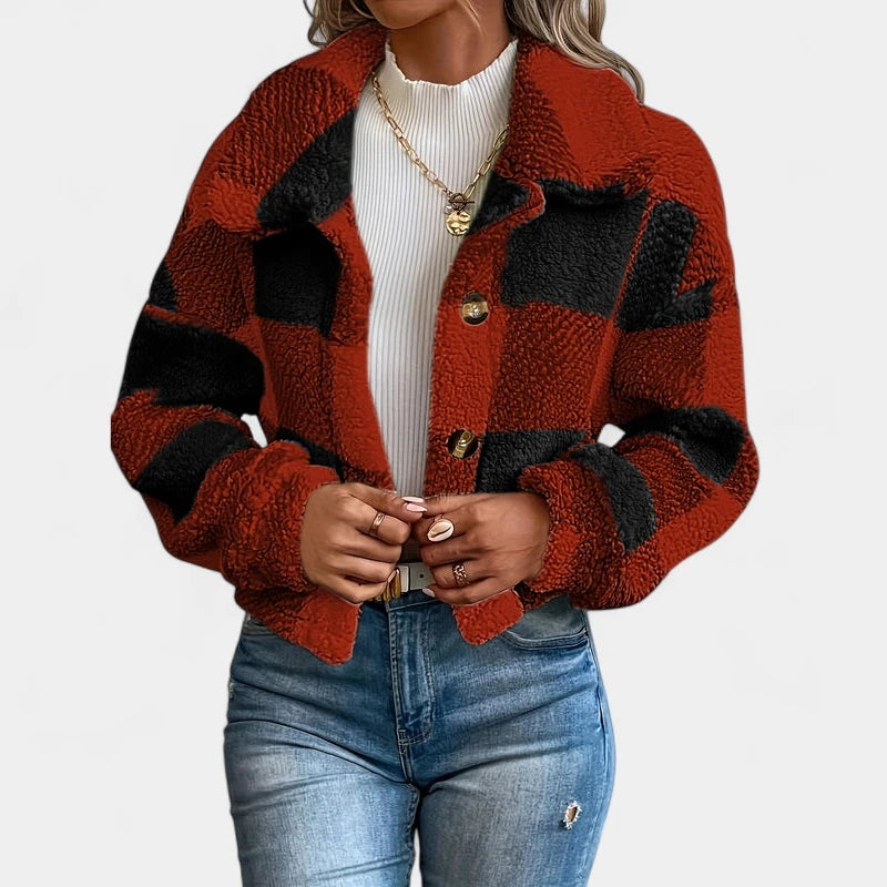 Gleame.-Jassen-Gleame Jas - Damesjas met knopen en geruit teddy design