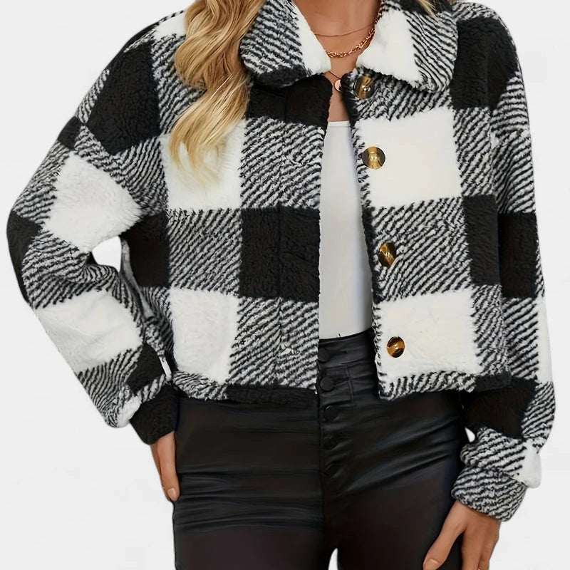 Gleame.-Jassen-Gleame Jas - Damesjas met knopen en geruit teddy design