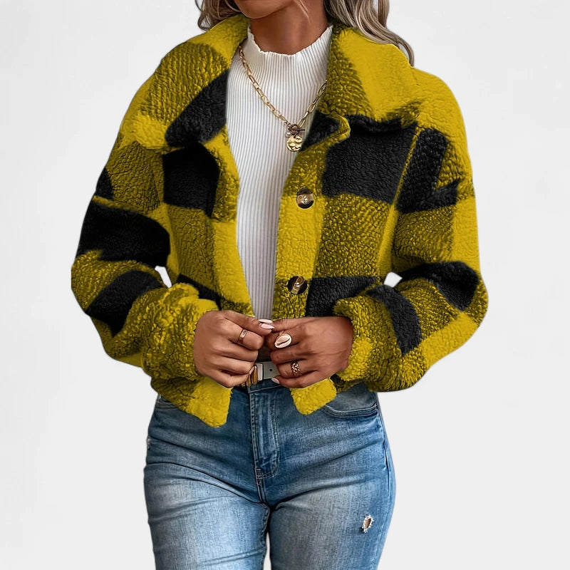 Gleame.-Jassen-Gleame Jas - Damesjas met knopen en geruit teddy design